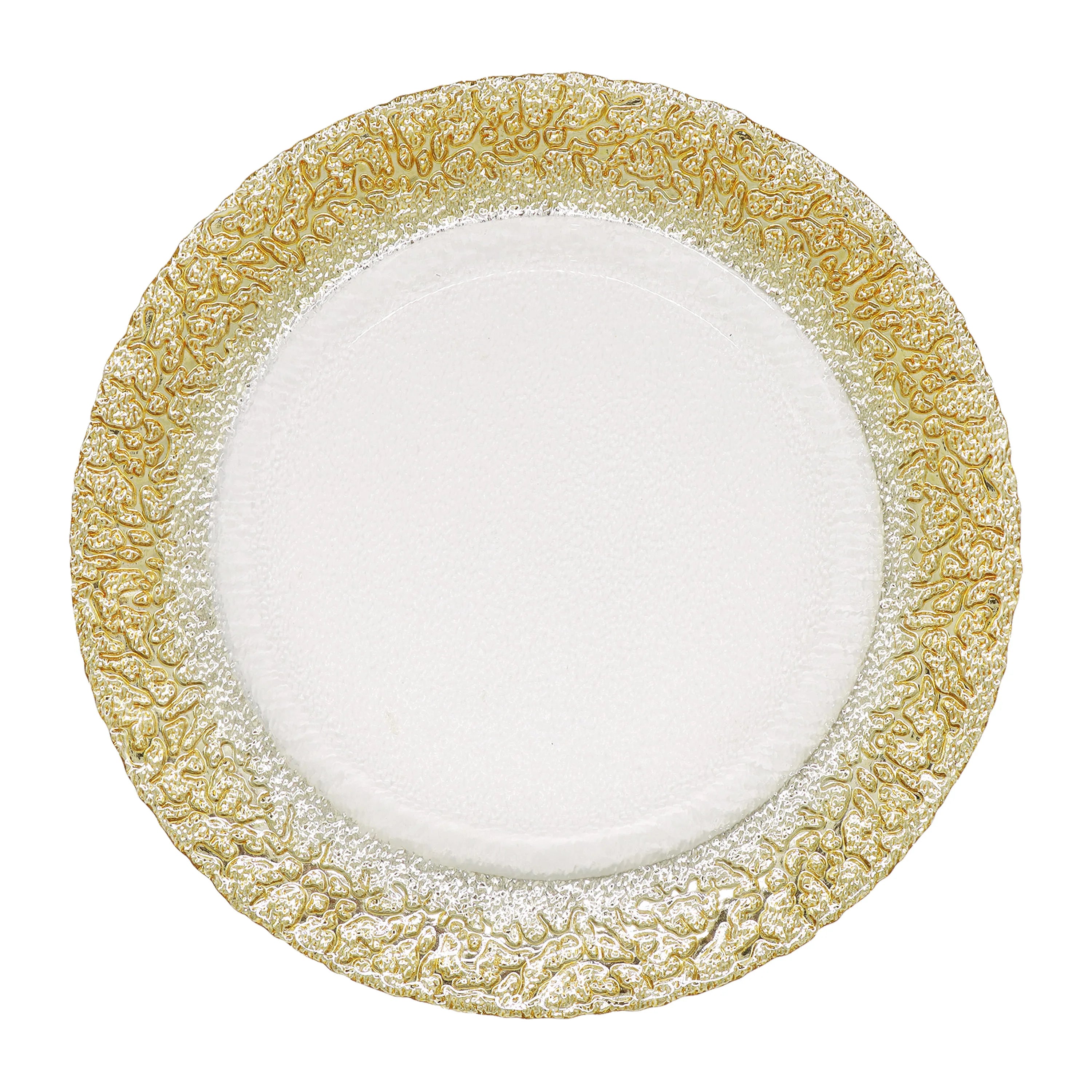 European Style Snow Glass Plate, Electroplated Gold Wedding Charger Plate with Flower Design