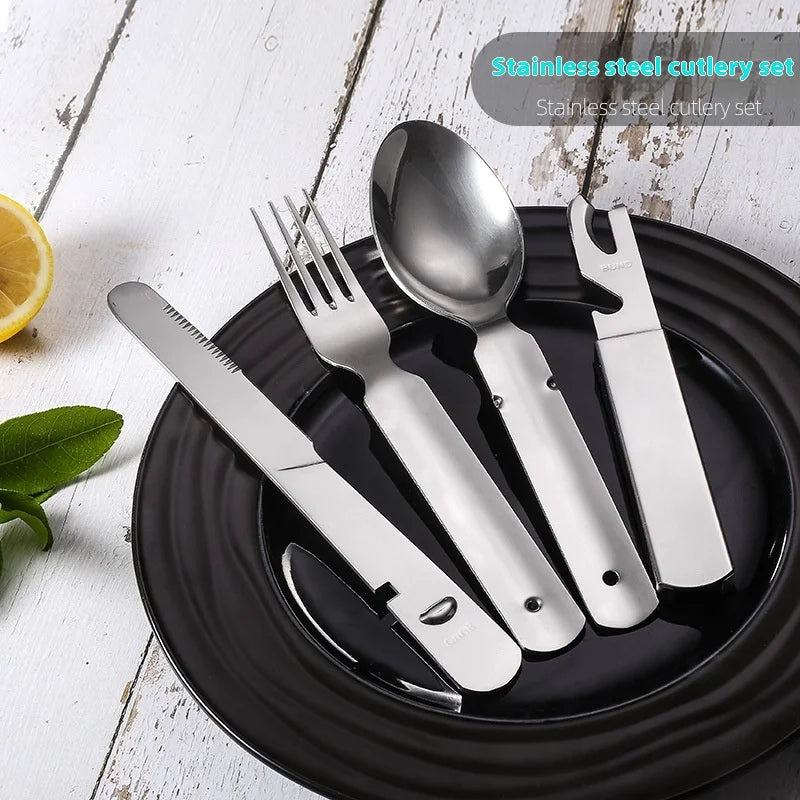 Portable 4-Piece Stainless Steel Cutlery Set with Bottle Opener, Mirror Polish Eco-Friendly Utensils for Household, Camping, Bar and Kitchen