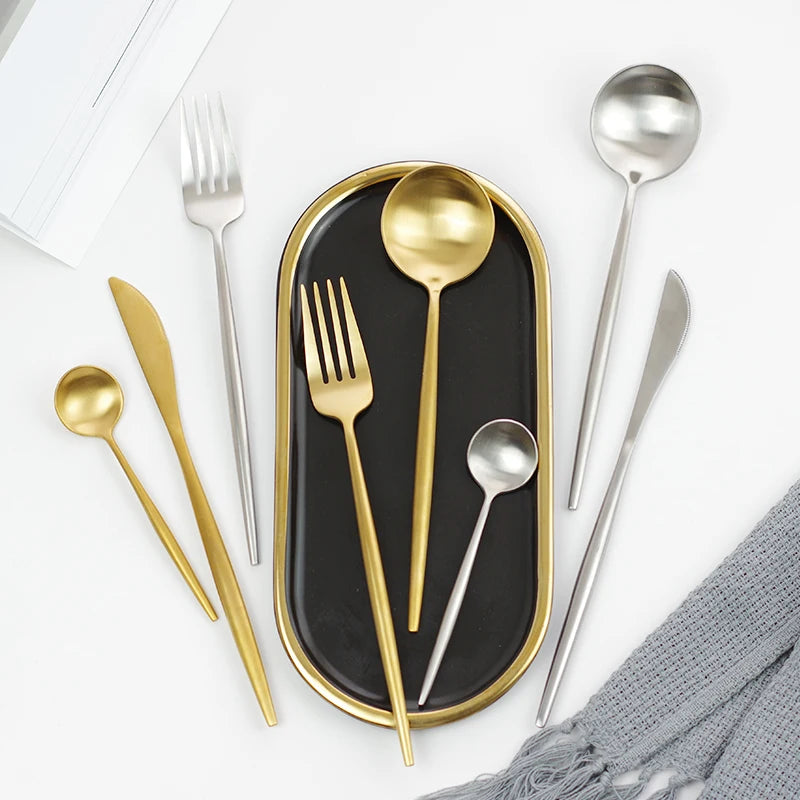 Luxury Matte Stainless Steel Flatware Set, Silver Black Gold Cutlery for Wedding