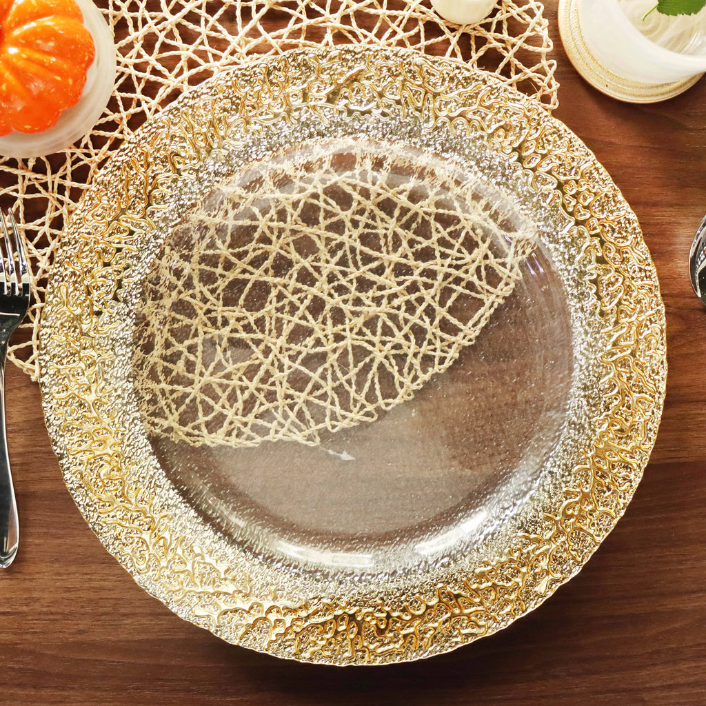 European Style Snow Glass Plate, Electroplated Gold Wedding Charger Plate with Flower Design