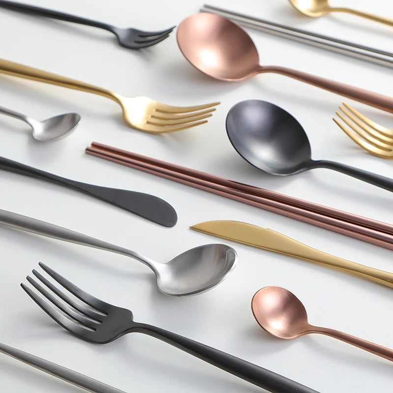 Luxury Matte Stainless Steel Flatware Set, Silver Black Gold Cutlery for Wedding