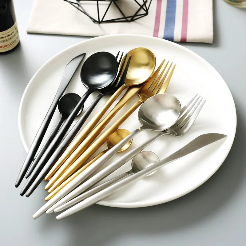 Luxury Matte Stainless Steel Flatware Set, Silver Black Gold Cutlery for Wedding
