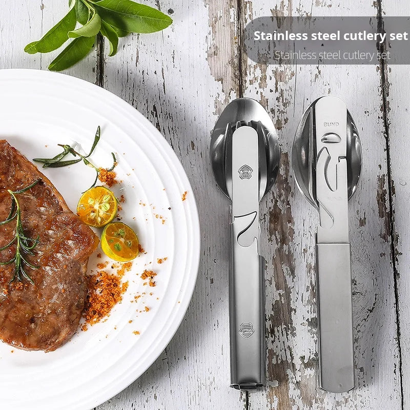 Portable 4-Piece Stainless Steel Cutlery Set with Bottle Opener, Mirror Polish Eco-Friendly Utensils for Household, Camping, Bar and Kitchen