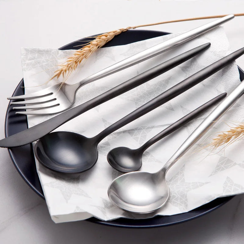 Luxury Matte Stainless Steel Flatware Set, Silver Black Gold Cutlery for Wedding