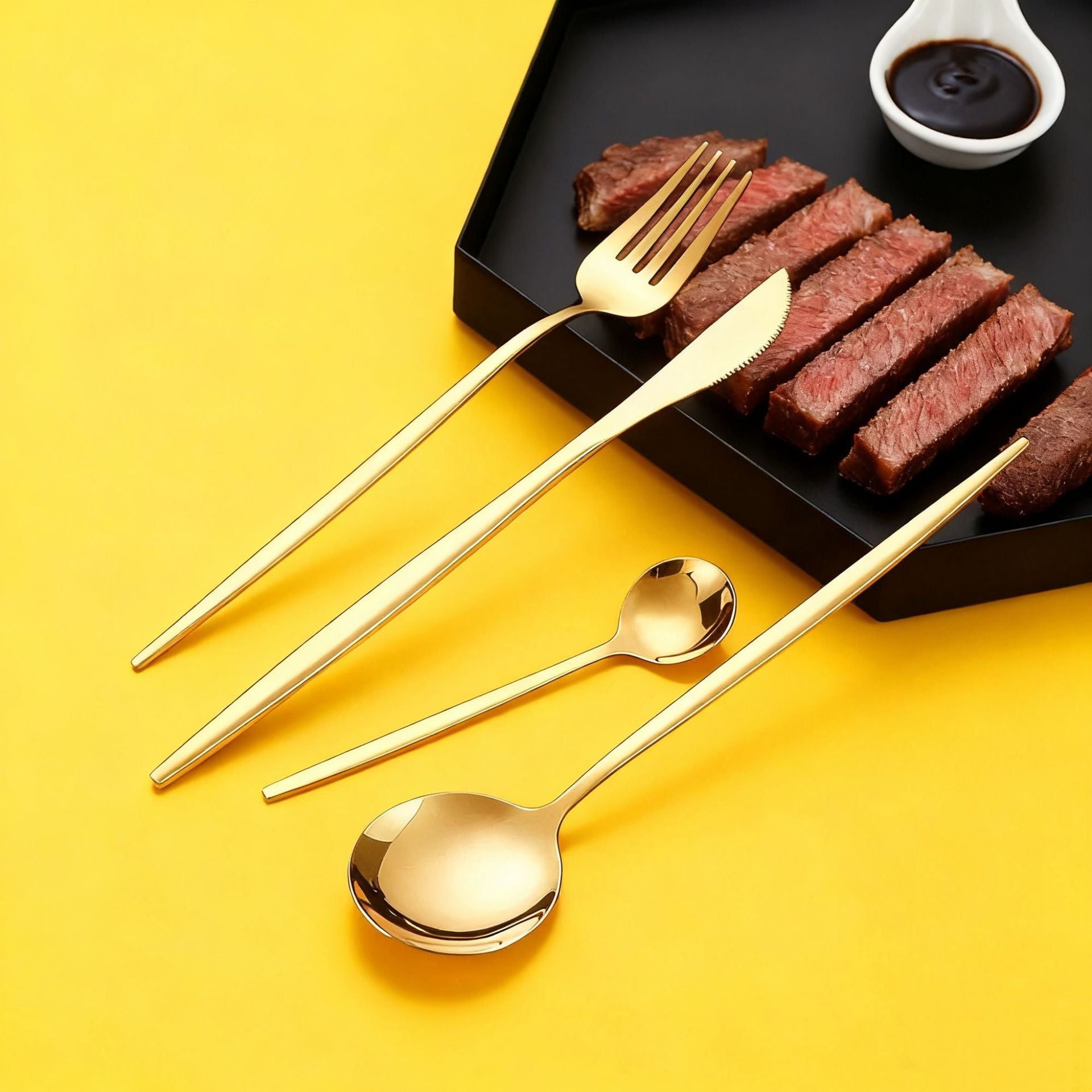 Korean Modern Black and Gold Stainless Steel Cutlery Set, Reusable Flatware for Party & Restaurant Use