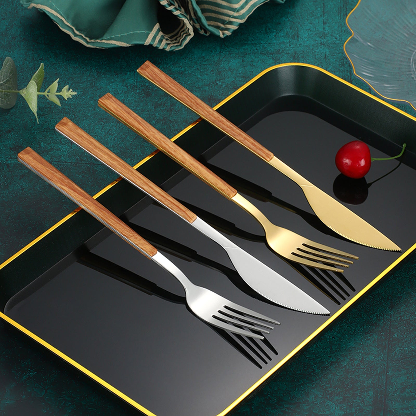 High Quality Wood Grain ABS Handle Stainless Steel Cutlery Set, Reusable Flatware