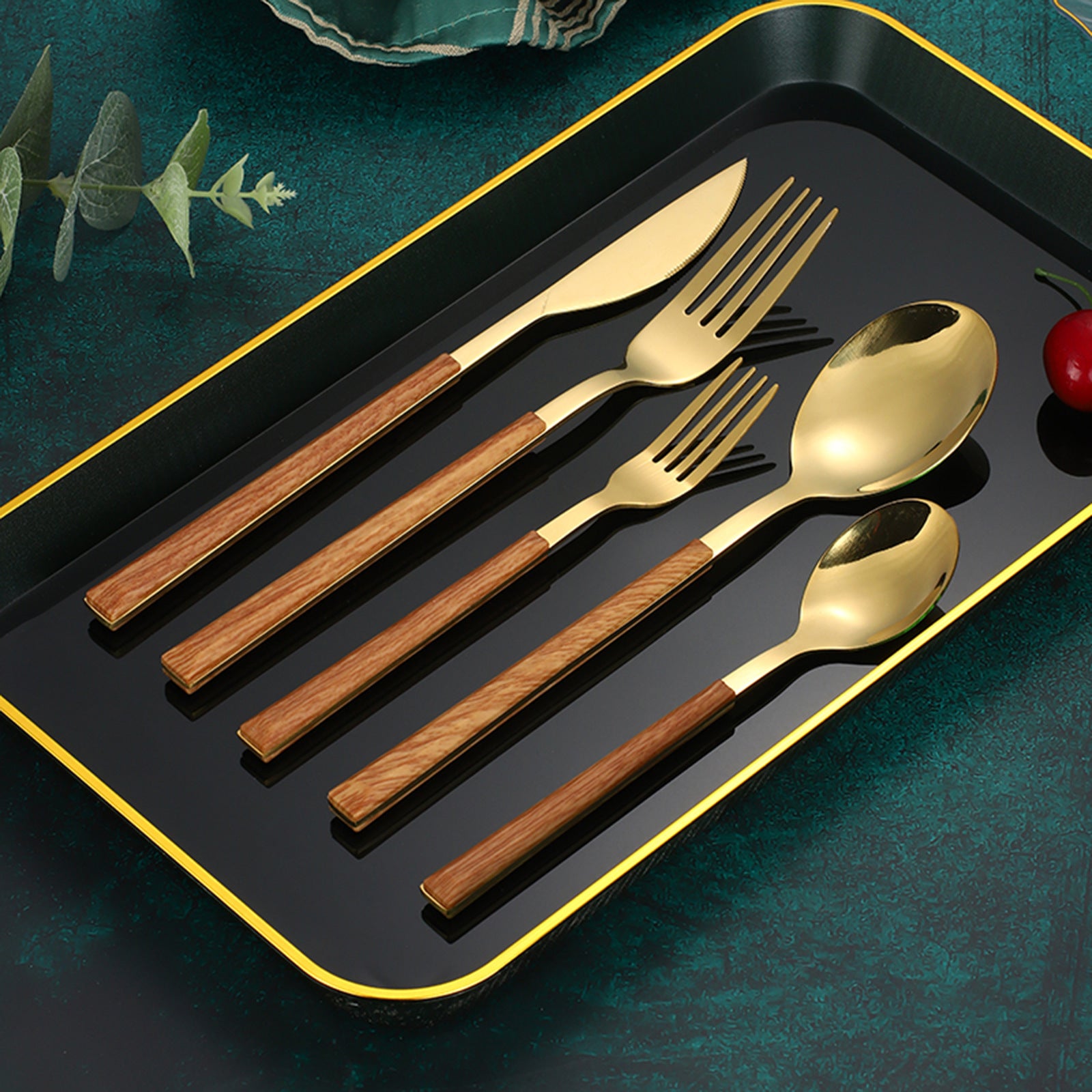 High Quality Wood Grain ABS Handle Stainless Steel Cutlery Set, Reusable Flatware