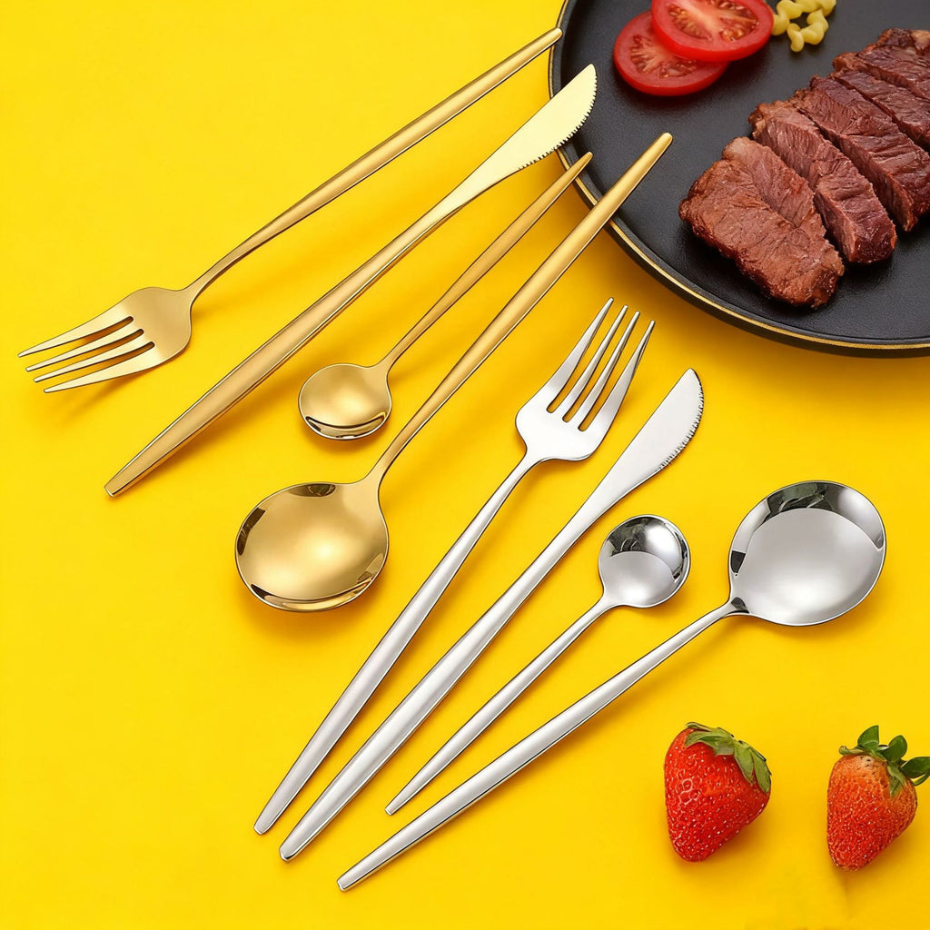 Korean Modern Black and Gold Stainless Steel Cutlery Set, Reusable Flatware for Party & Restaurant Use