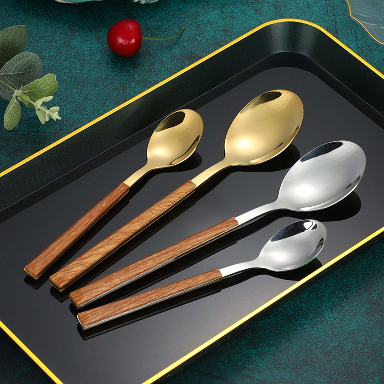 High Quality Wood Grain ABS Handle Stainless Steel Cutlery Set, Reusable Flatware